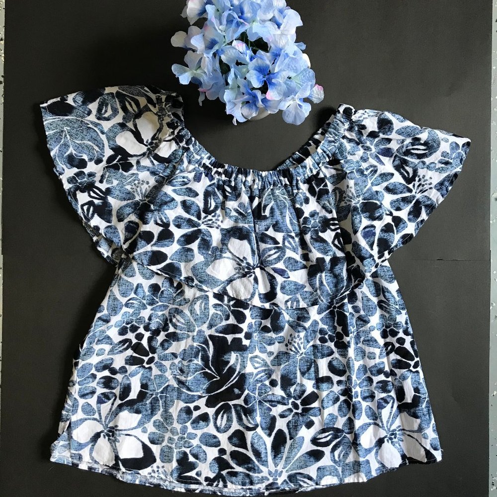 LOFT Blue and White Off The Shoulder Crop Top